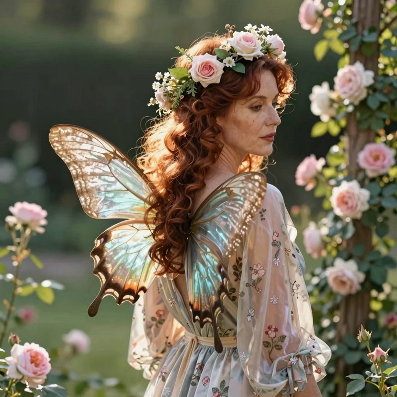 Woman with a floral crown and iridescent butterfly wings in a sunlit rose garden.