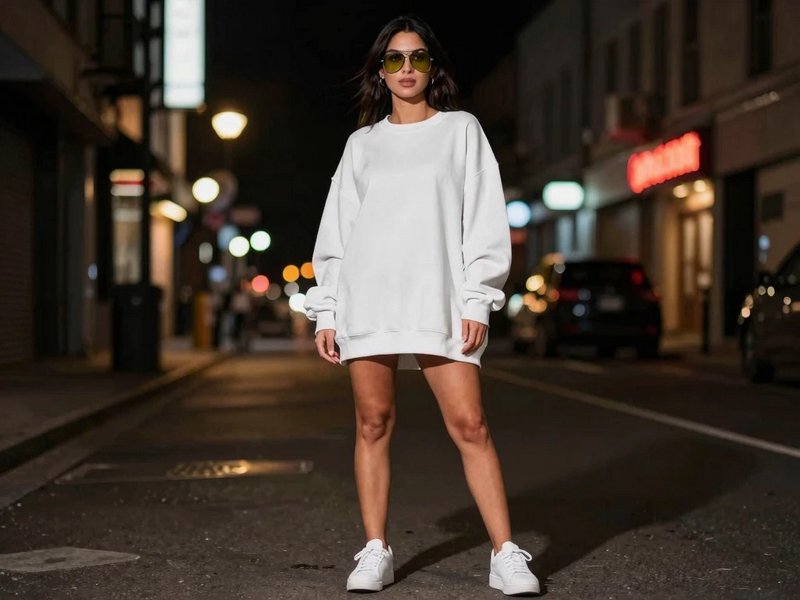 Woman in oversized white sweatshirt posing on a nighttime city street.