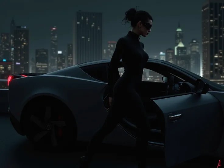 Woman in a black silhouette entering a sleek sports car at night with a city skyline backdrop.