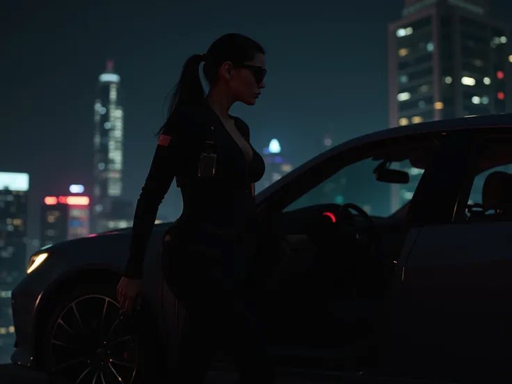 Woman silhouette by a sleek car at night with a neon city skyline behind.