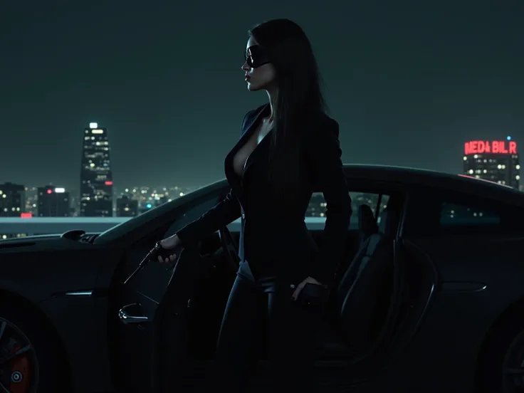 Stylish woman in a black blazer and sunglasses steps from a luxury car at night with a city skyline.