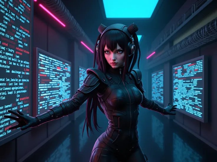Cyberpunk female hacker in a black armored suit with cat-ear headphones in a neon-lit server room.