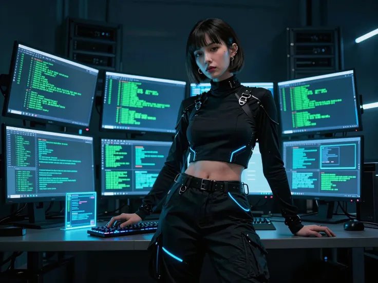 Female hacker in cyberpunk outfit standing in a glow-lit data center with multiple monitors displaying code