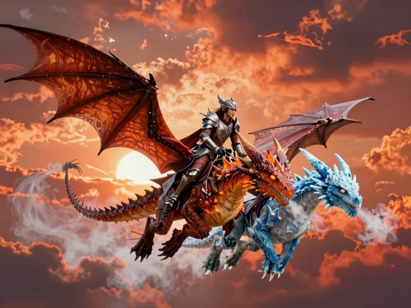 Knight in armor riding a red dragon and a blue dragon soaring at sunset.
