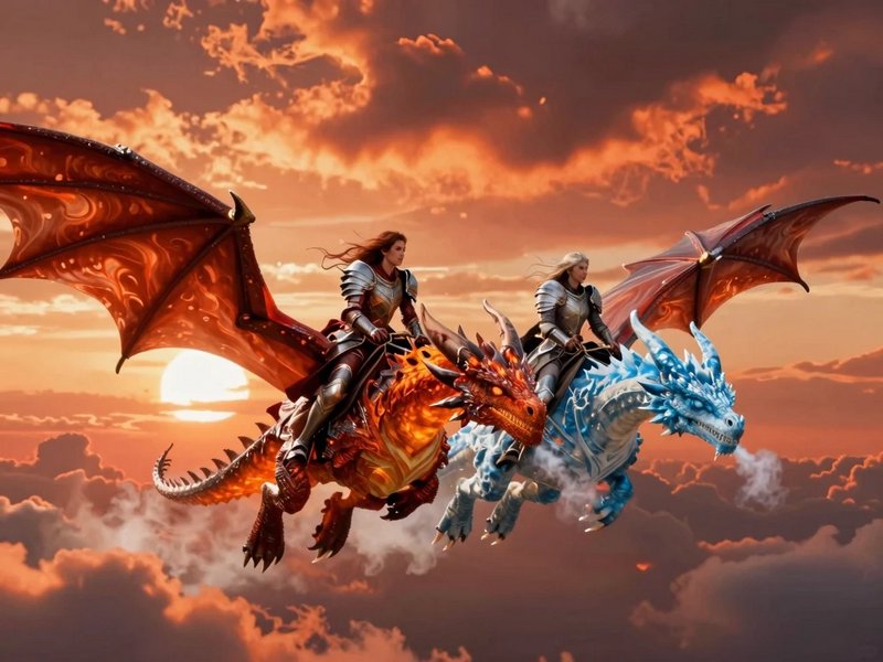 Two armored riders soar on fiery red and icy blue dragons across a sunset sky.