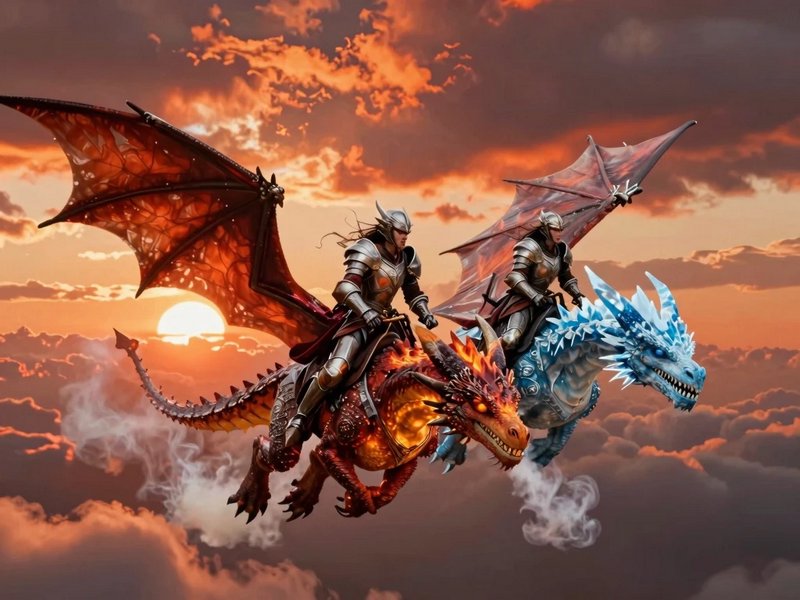 Two armored knights ride fiery red and icy blue dragons across a sunset sky.