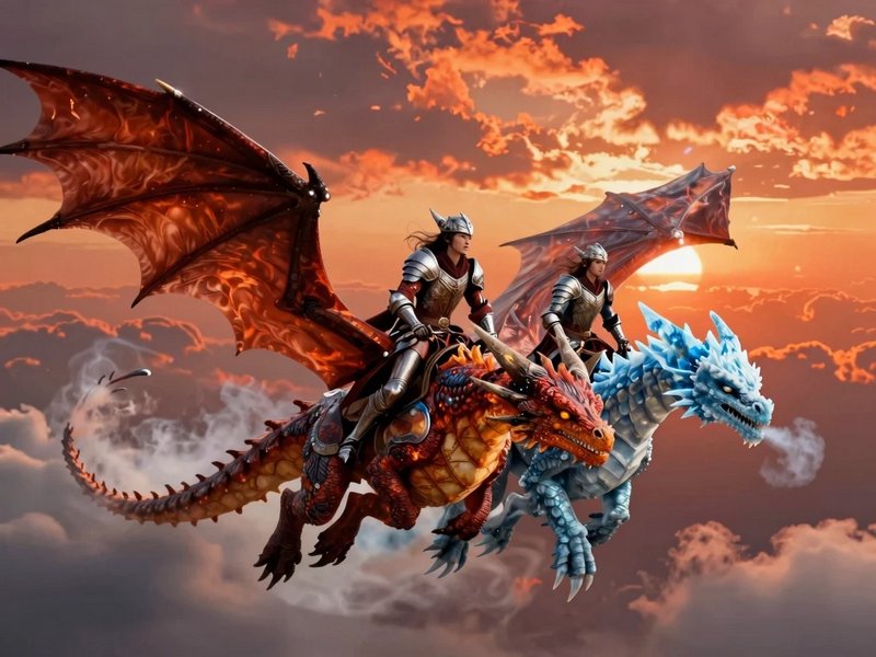 Two armored riders on dragonback soaring through a sunset sky.