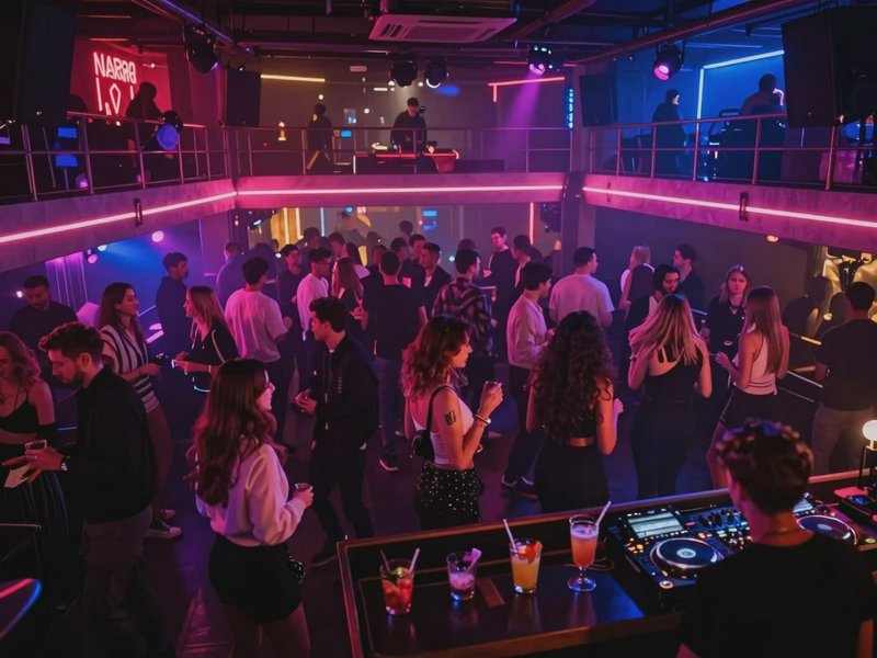 A crowded nightclub dance floor with a DJ booth in the foreground and colorful neon lighting.