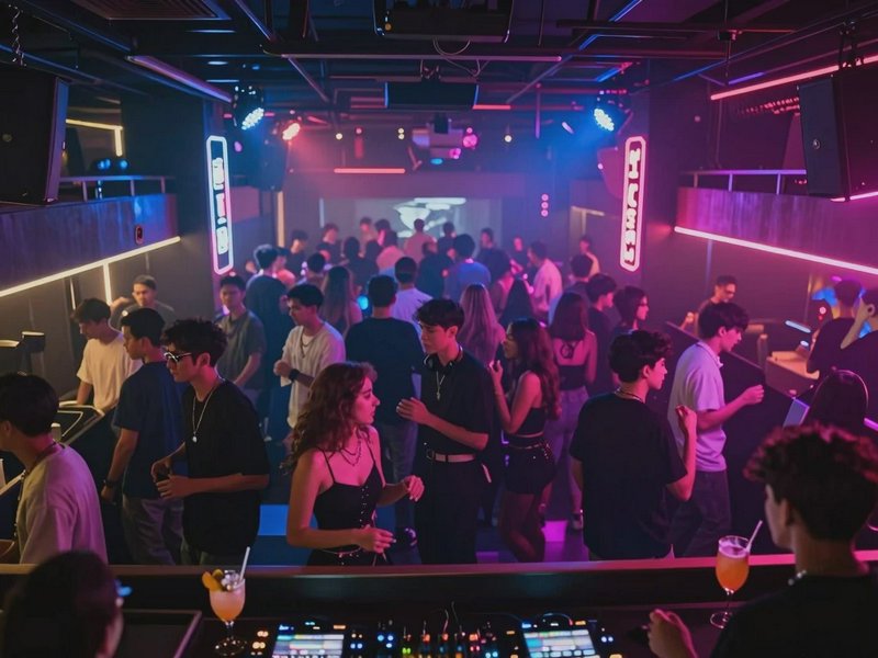 Crowded nightclub dance floor under neon lights with a DJ booth in the foreground.