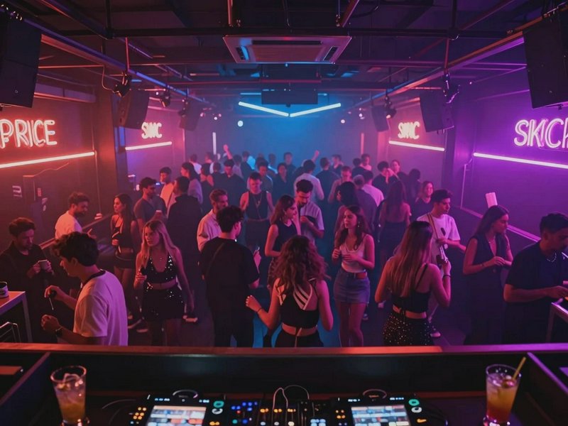 Crowd dancing in a neon-lit nightclub with a DJ booth and pink-purple lights