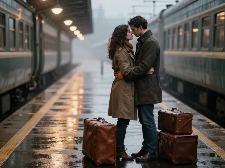 A couple kissing on a rainy train platform with vintage brown suitcases at their feet.