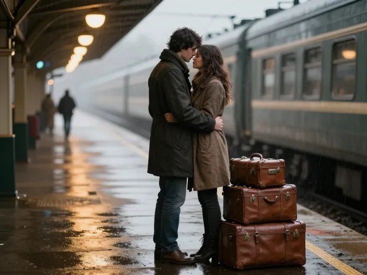 A couple kisses on a rainy train platform beside vintage brown suitcases.