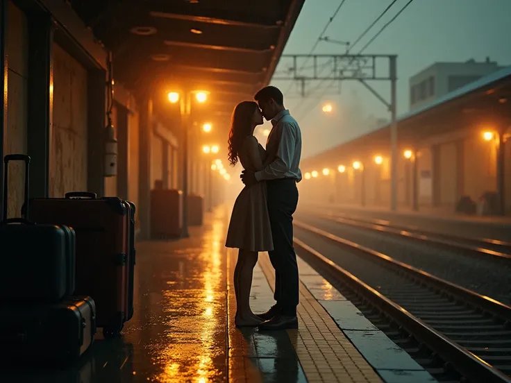 Romantic couple embracing on a rain-slick train platform at night with soft amber station lights.