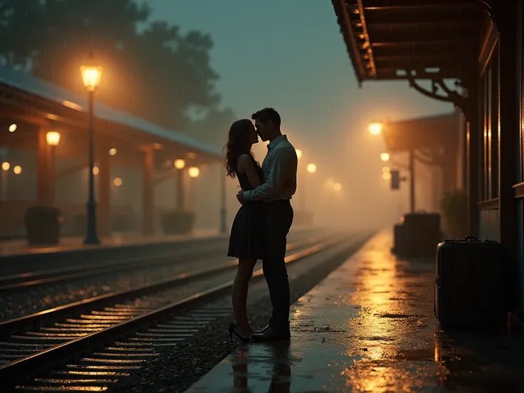 Silhouetted couple embracing on a rain-drenched train platform at night with warm, glowing lamps.