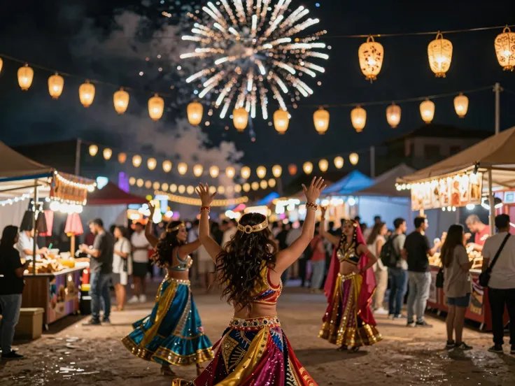 Night festival scene with colorful dancers performing under lanterns and fireworks at a bustling market.