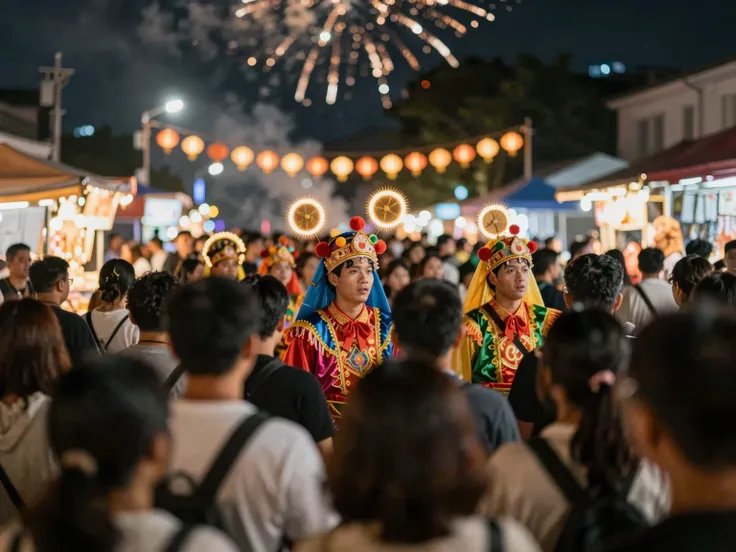 Two performers in ornate traditional costumes with glowing circular headpieces amid a crowded night market.