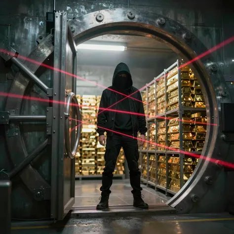 Hooded figure standing inside a high-security vault with gold bars lining the shelves.