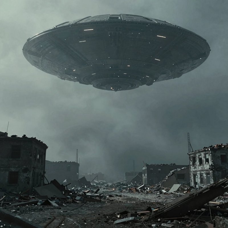Gigantic UFO hovering over a ruined city with rubble and a smoky, moody sky.