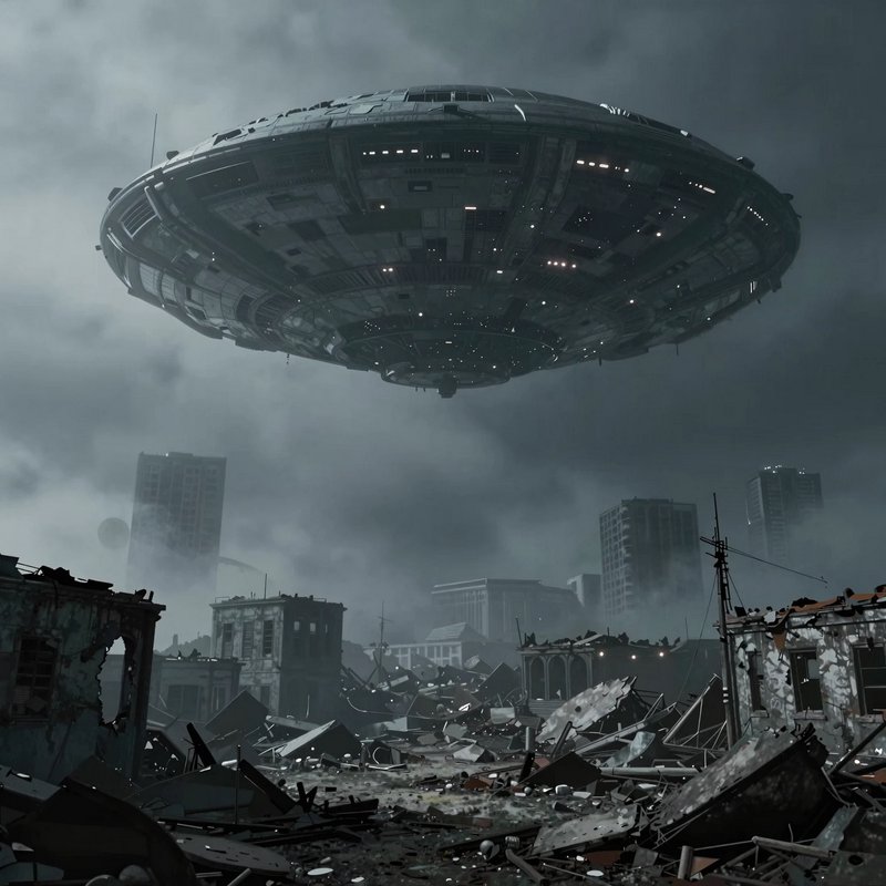 Huge circular UFO hovering over a ruined, smoky cityscape in a dystopian scene.