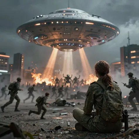 Soldier kneels in the foreground as a giant UFO fires beams over a chaotic city battle.