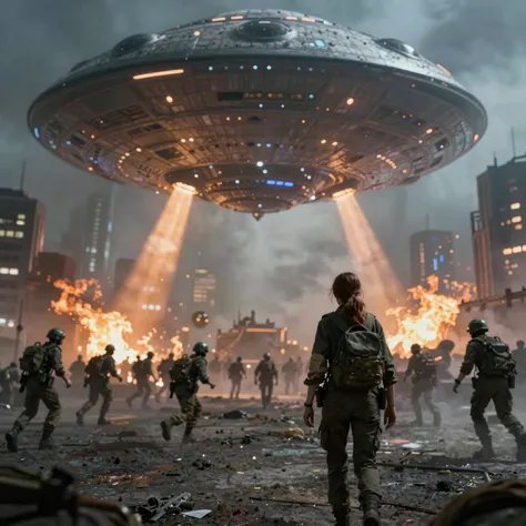 Sci-fi city battle scene with a large hovering UFO and soldiers amid fires and debris