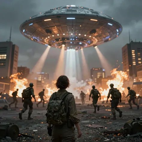 Person with backpack watches a large circular UFO over a burning city during an alien invasion.