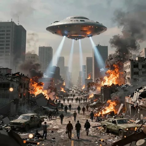 Sci-fi alien invasion scene with a large flying saucer hovering over a ruined city and bright beam lights.