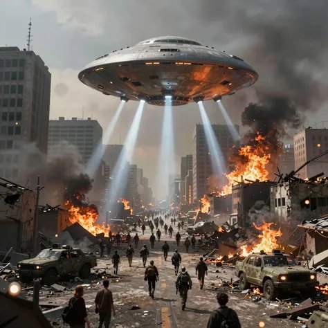 Large saucer-shaped UFO hovering over a burning city street as people flee in chaos.