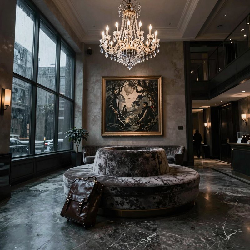 Luxurious hotel lobby with a circular velvet sofa, chandelier, and large windows.