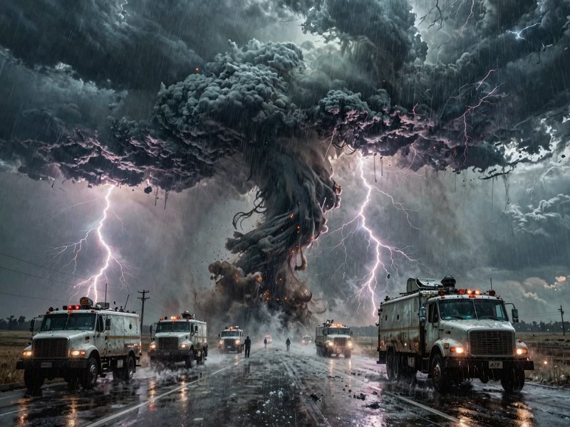 A colossal tornado cloud with lightning over a flooded highway, emergency trucks and figures in the foreground.
