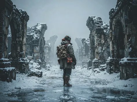 Hiker with backpack walking through snow-covered ancient stone ruins.