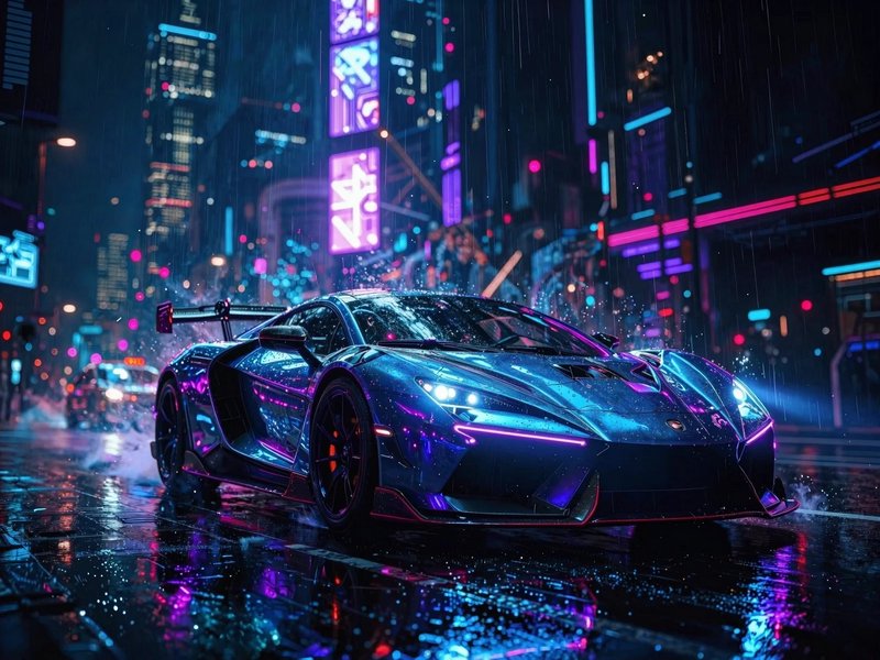 Futuristic blue-purple neon sports car on a rain-soaked city street at night with glowing signs.