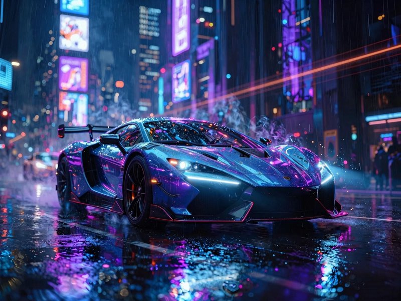 Blue neon-lit sports car on a rainy city street at night with reflections and neon signs.
