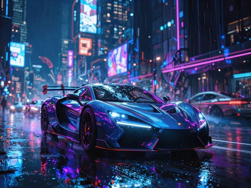 Neon-lit street scene with a blue-purple hypercar on a rainy city night.