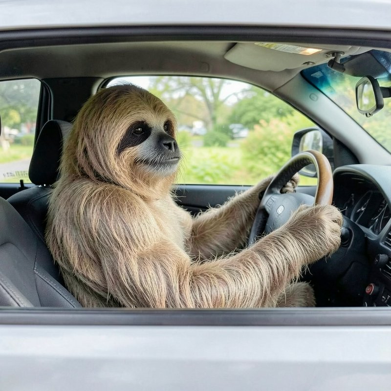 Sloth driving a car with both paws on the steering wheel inside the vehicle