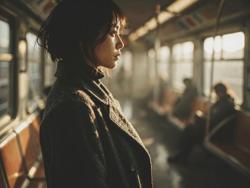 Side-profile of a woman in a dark coat on a subway train during golden-hour light.