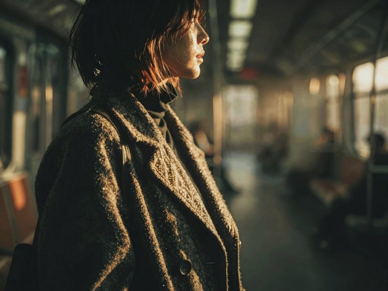 Side profile of a woman in a textured wool coat in a sunlit subway car.