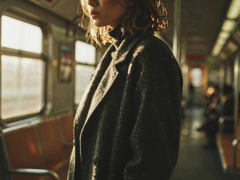 Person in a dark wool coat standing inside a dim subway car with warm sunlight.