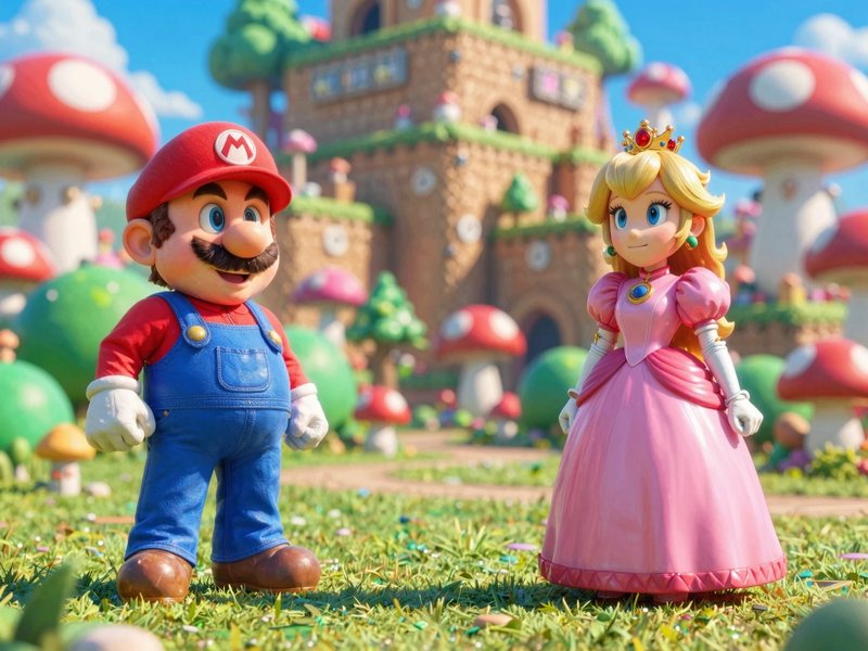Mario and Princess Peach figurines in a colorful Mushroom Kingdom-style scene.