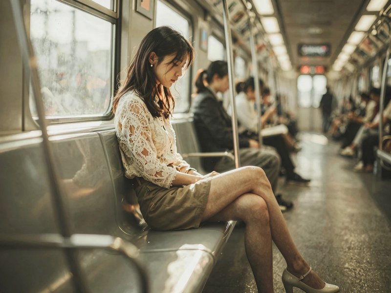 Woman sitting on a subway bench wearing a lace white top and beige skirt.