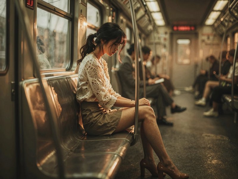Woman in lace blouse and skirt sitting on a subway bench with warm lighting.