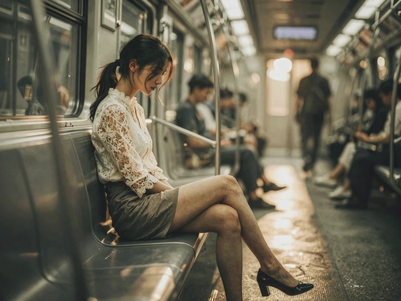 Woman in a lace white blouse sitting on a subway bench, moody urban commute scene.