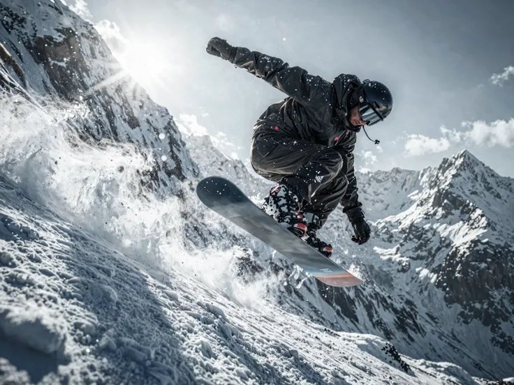 Snowboarder performing a jump on a snowy mountain slope with powder spray
