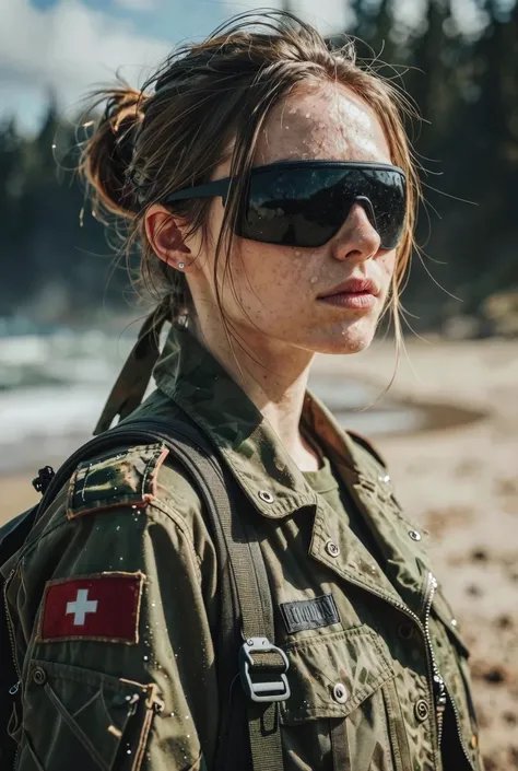 Young woman in a military-style jacket with Swiss flag patch, wearing oversized sunglasses at the beach.