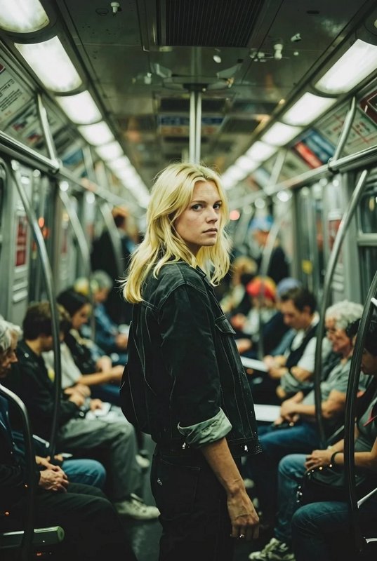 Blonde woman in a black jacket looks over her shoulder while standing in the aisle of a crowded urban subway car