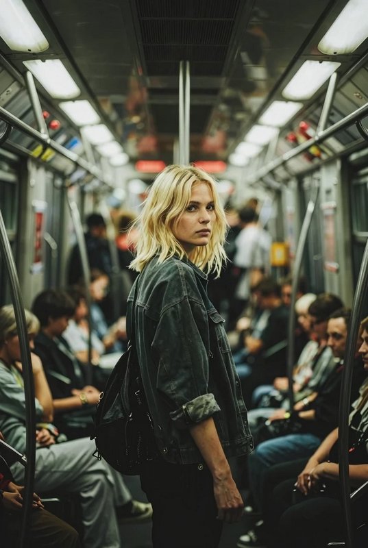 Serious blonde woman in dark denim jacket stands in a crowded subway car, looking over her shoulder at the camera
