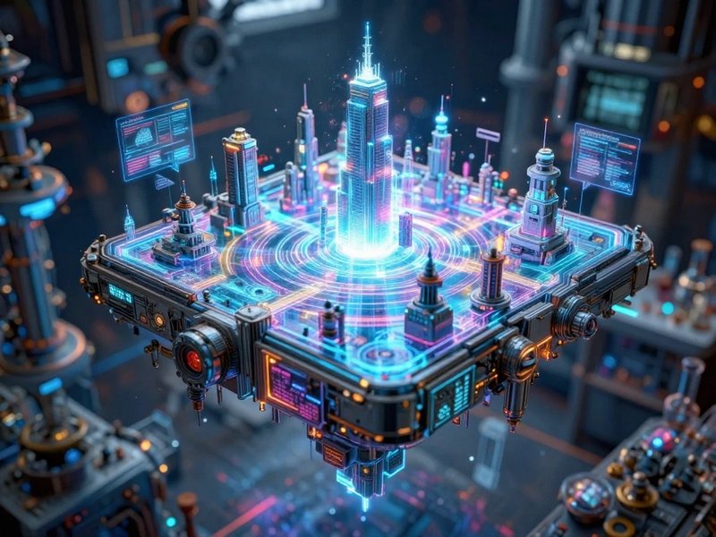 Glowing holographic miniature futuristic sci-fi city display projected from an industrial tech console with bright neon