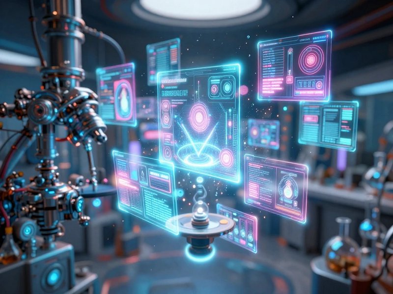 Floating glowing neon hologram interface screens hover over advanced equipment inside a futuristic high-tech science