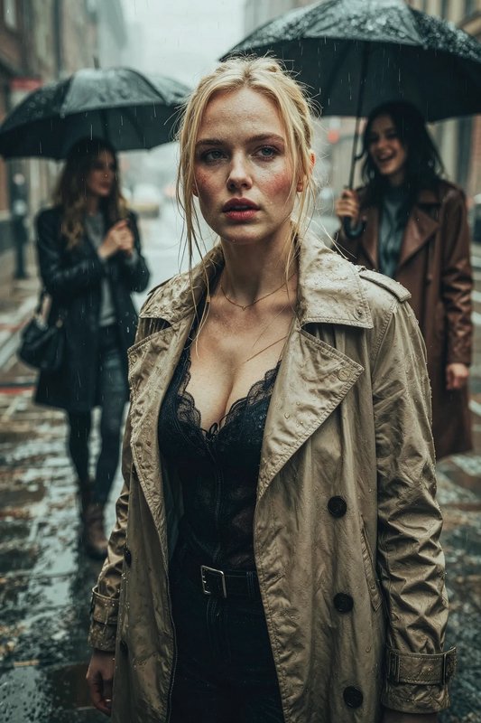 Close-up portrait of a blonde woman in a wet tan trench coat standing on a rainy city street, women with umbrellas in