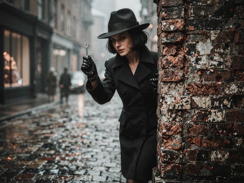Woman in vintage noir attire and black fedora peeks around a weathered brick wall holding a skeleton key on a rainy